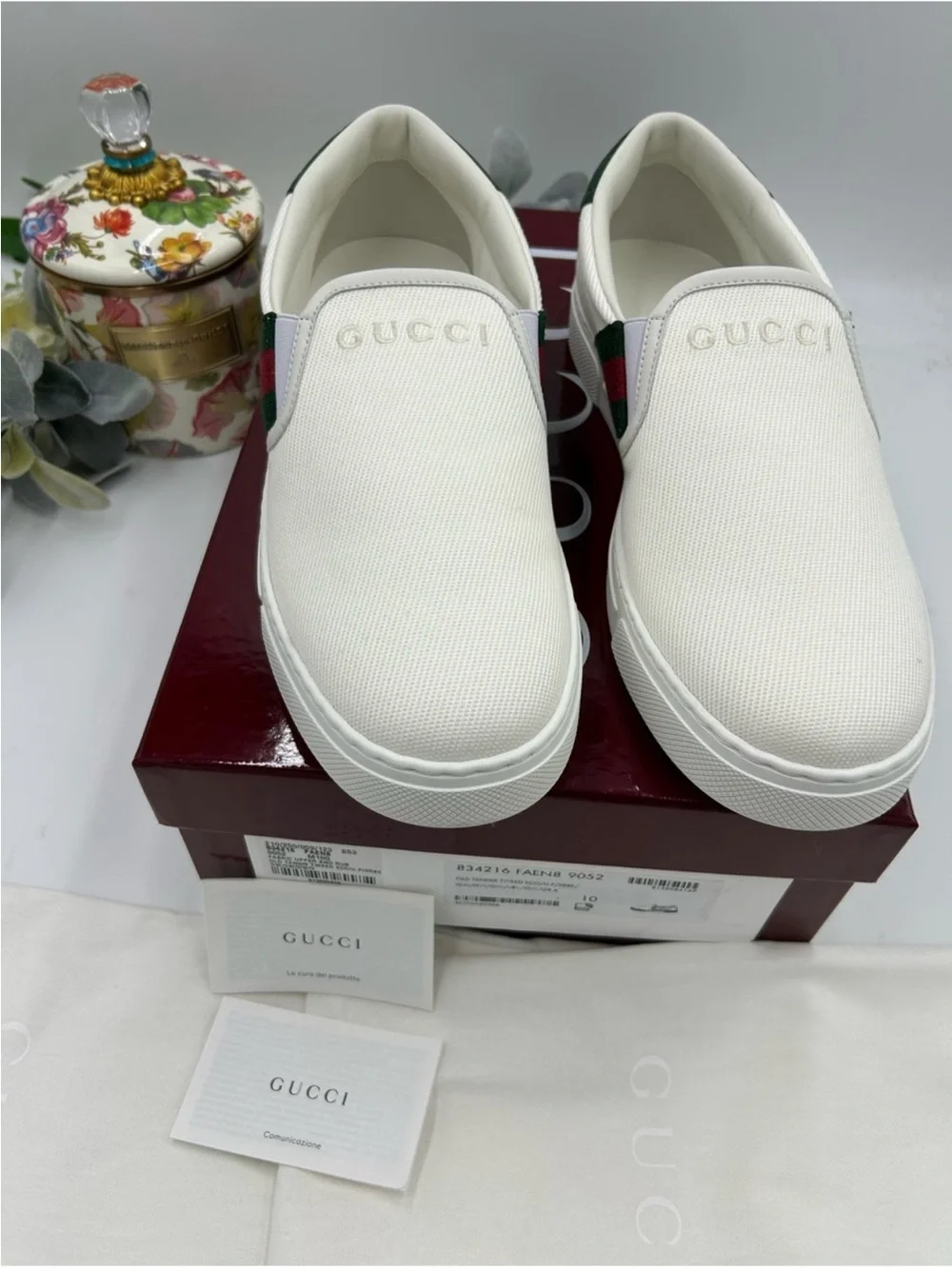 Men’s Gucci, ace canvas slip on sneakers w iconic web trim size 10 fits 10.5US